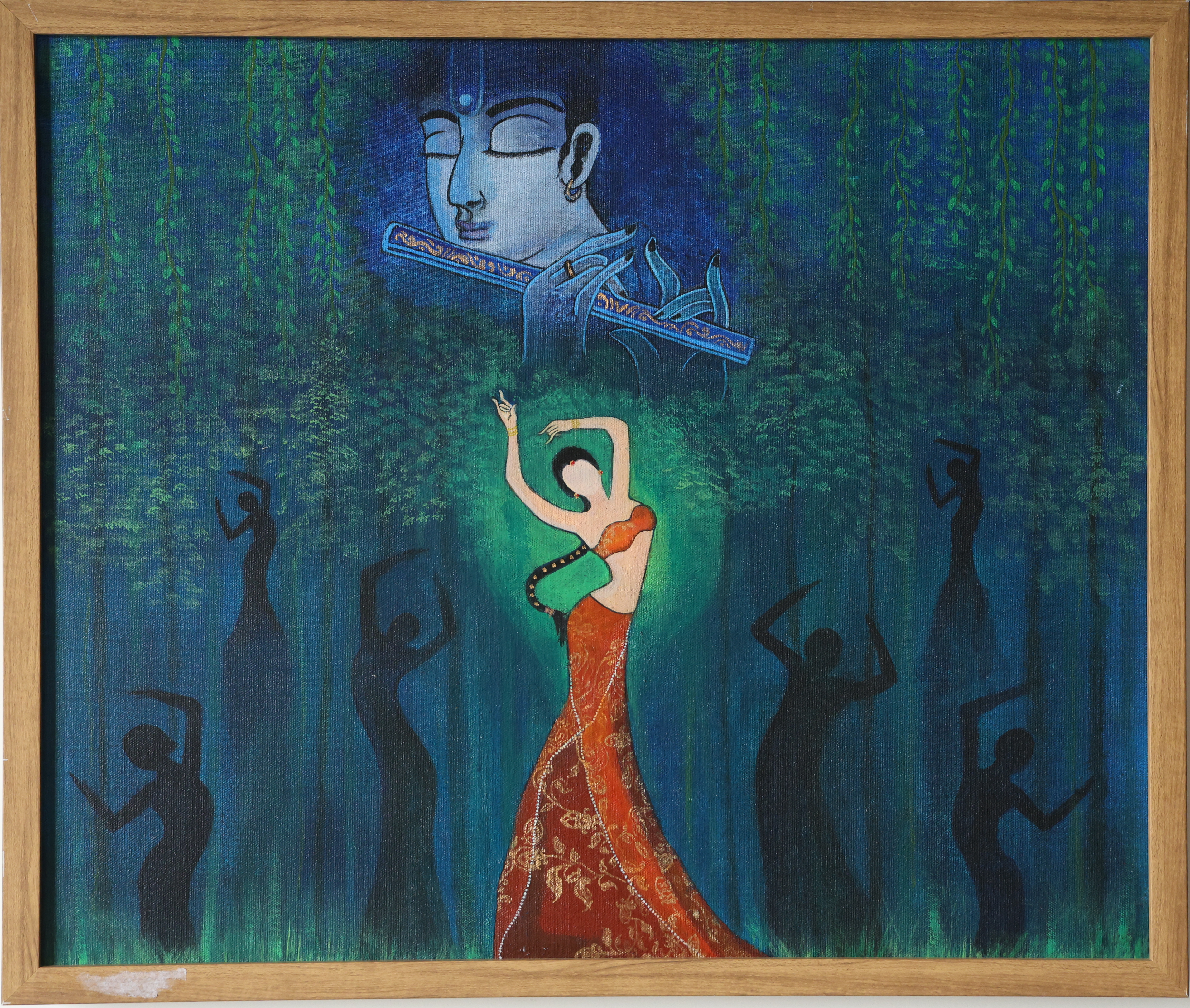 Krishna and dancer in forest — spiritual figurative painting by Manali, Ahmedabad artist
